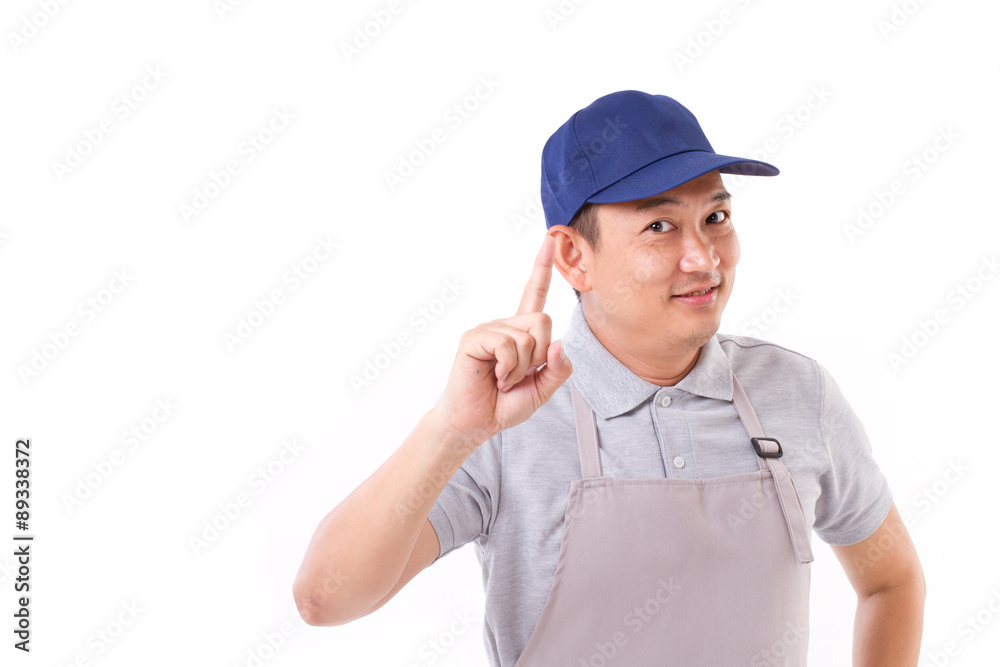 confident worker pointing up confident worker pointing up
