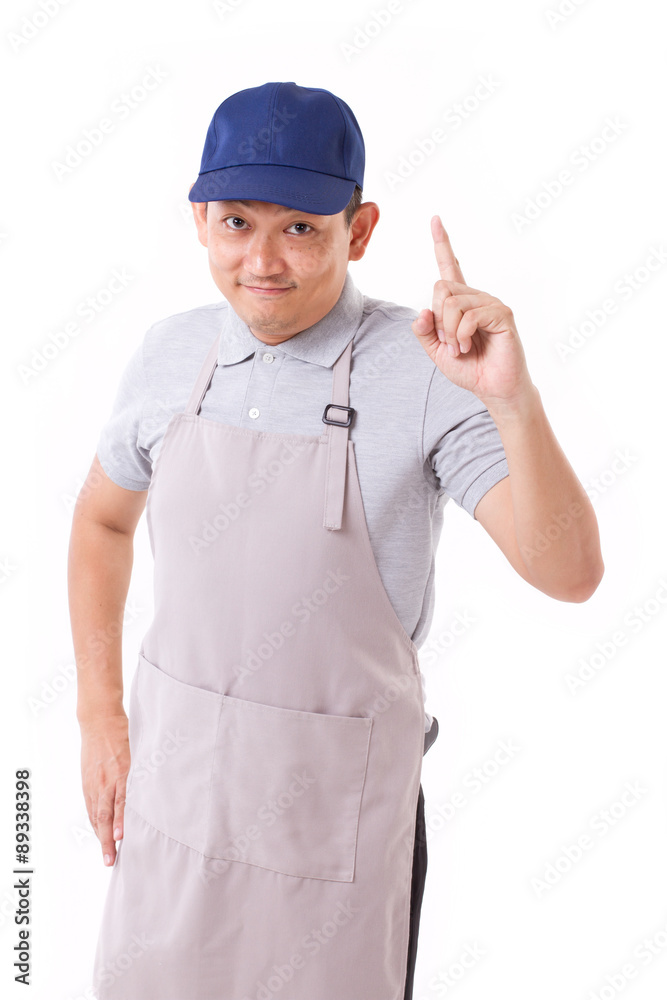 confident worker pointing up confident worker pointing up