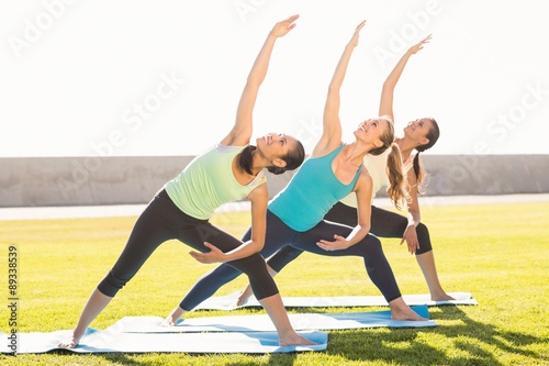 Smiling sporty women standing and stretching