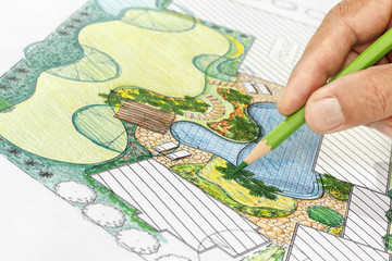 Canvas schilderij Wit Landscape architect design backyard plan for villa  © toa555
