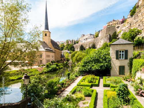 View on the Grund district of Luxembourg City with Neumuenster Abbey and Alzette river
