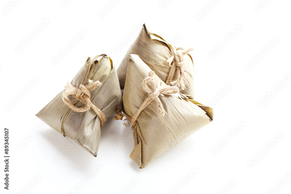 Asian Chinese Rice Dumpling, Zongzi, Isolated on White Background. Asian Chinese Rice Dumpling, Zongzi, Isolated on White Background.