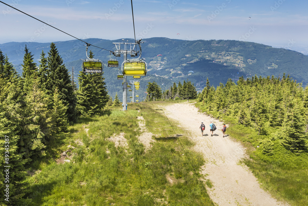 Naklejka premium SZCZYRK, POLAND - JULY 4, 2015 : Yellow cable car on Skrzyczne m