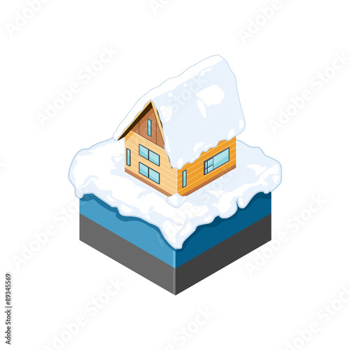 Isometric Log cabin with snow - A vector icon illustration of a log cabin covered with snow. Suitable as a holiday home or rented for a vacation.