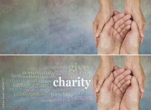 Please give generously - two identical banners one with a Charity word cloud, the other without, on a rustic light colored stone effect background with a woman holding a man's hands in a needy gesture