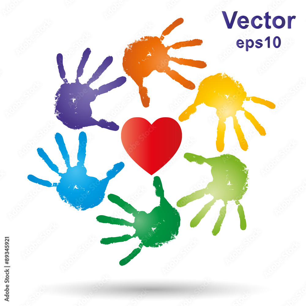 Vector conceptual children painted hand print and heart isolated Vector conceptual children painted hand print and heart isolated