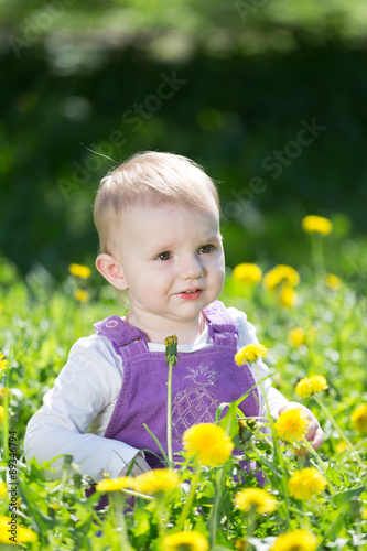 Portrait of the  little girl among the blossoming dandelions
