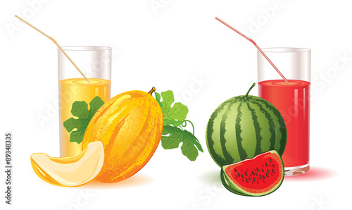 glasses for juice from melon and watermelon isolated on a white background