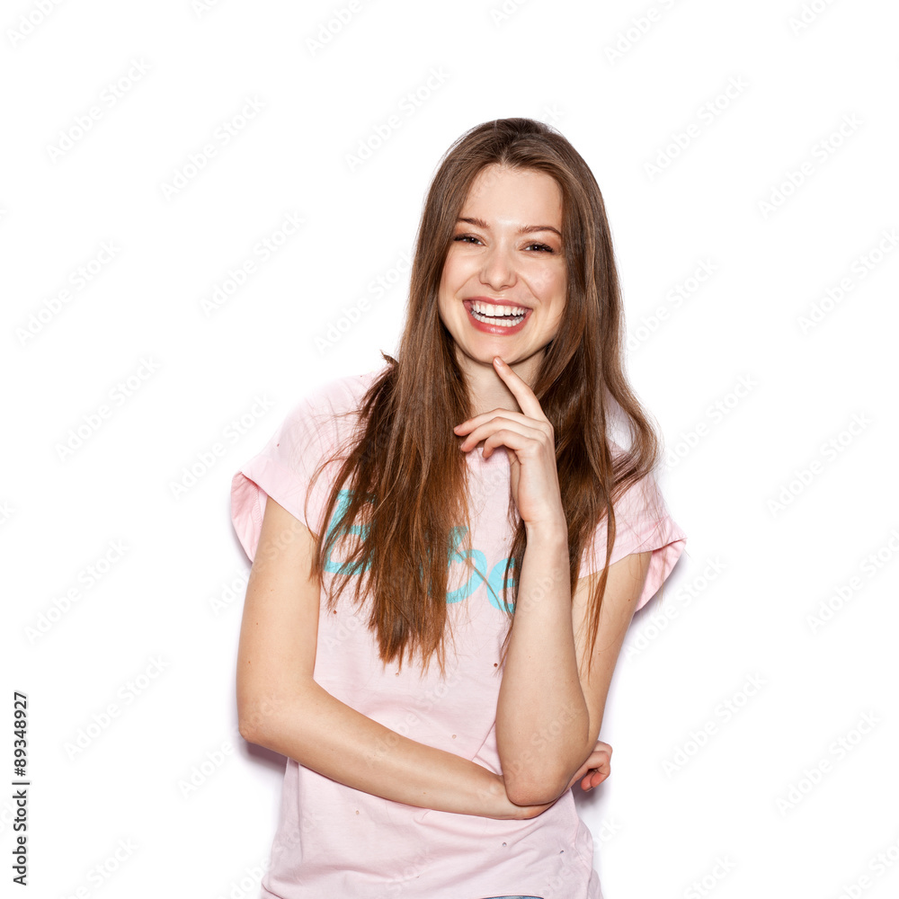 funny cute smiling woman on white background funny cute smiling woman on white background