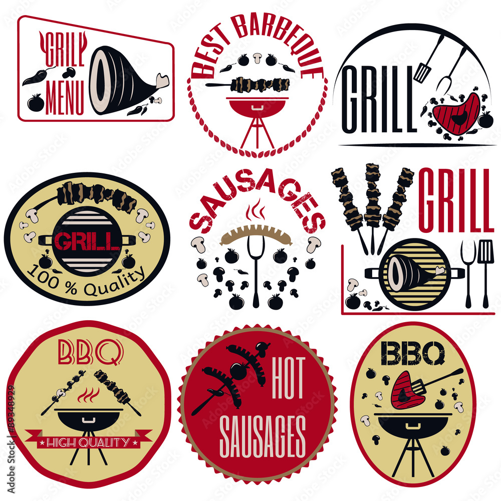 Set bbq, grill; sausages; restaurant; steak; retro vintage badge