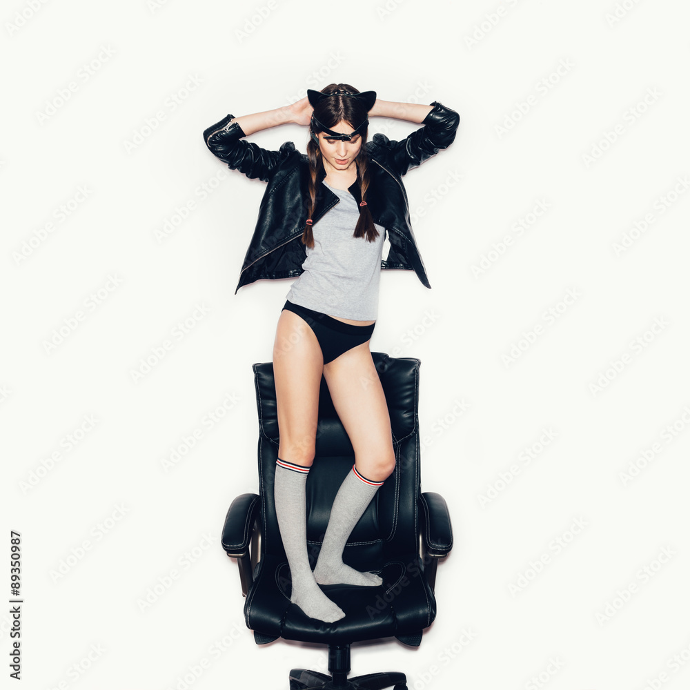 Funny girl represents as small cat having fun Funny girl represents as small cat having fun