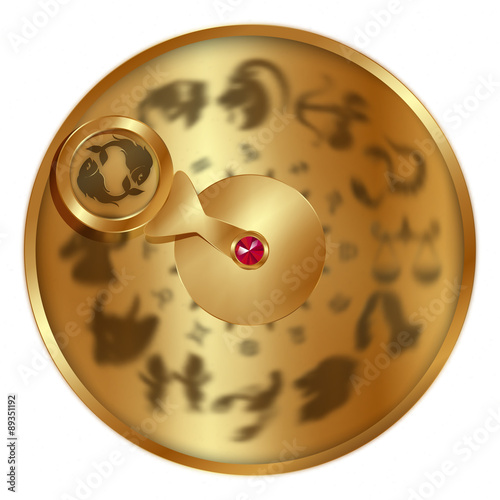vector illustration gold disc with signs of the zodiac, Pisces separately allocated. Isolated object to any suitable illustration.