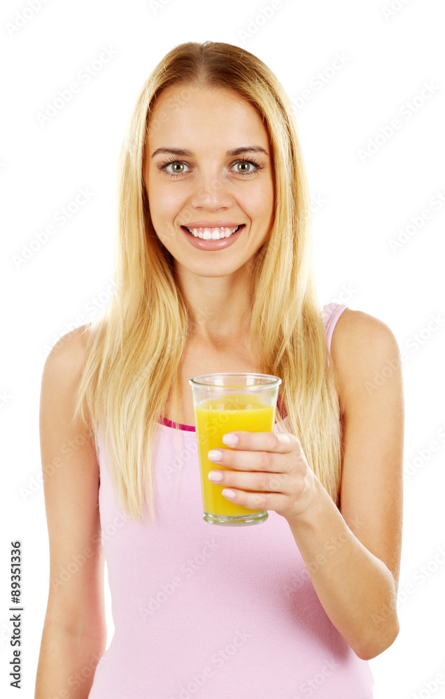 Young beautiful woman with glass of fresh orange juice, isolated on white Young beautiful woman with glass of fresh orange juice, isolated on white