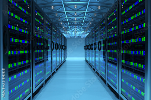 Networking communication technology concept, network and internet telecommunication equipment in server room, data center interior photo