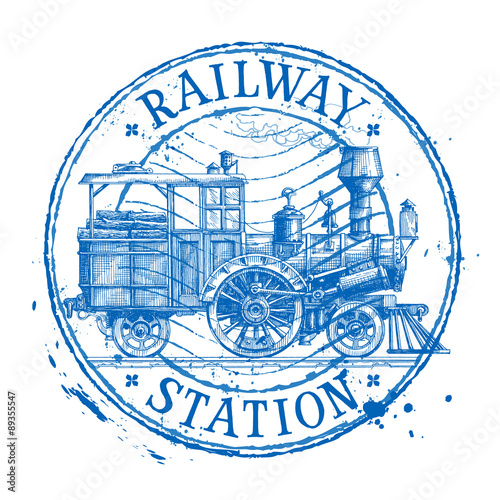 Steam train vector logo design template. Shabby stamp or