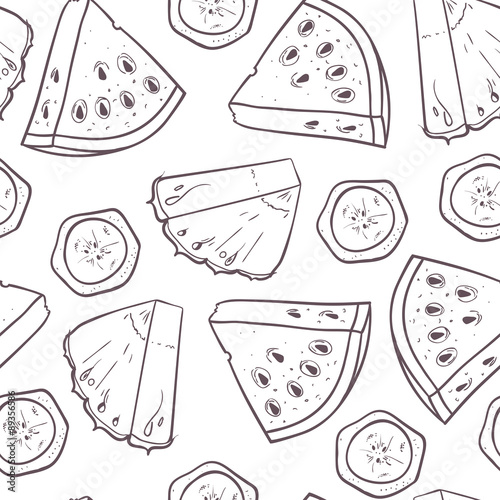 Hand drawn outline seamless pattern with pineapple banana and watermelon slices. Fruit background