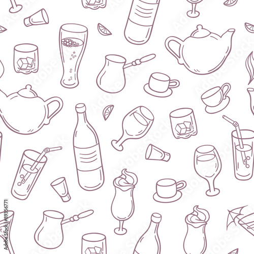 Seamless pattern with outline style drinks in vector. Beverages background for bar, menu or cafe design