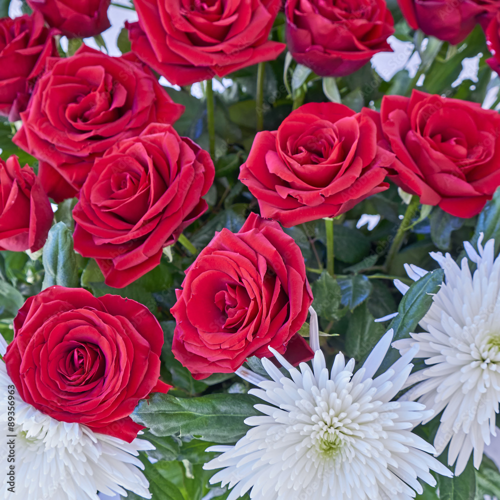 Naklejka premium red roses and white chrysanthemums bouquet close up