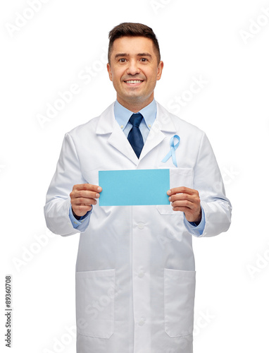 happy doctor with prostate cancer awareness ribbon