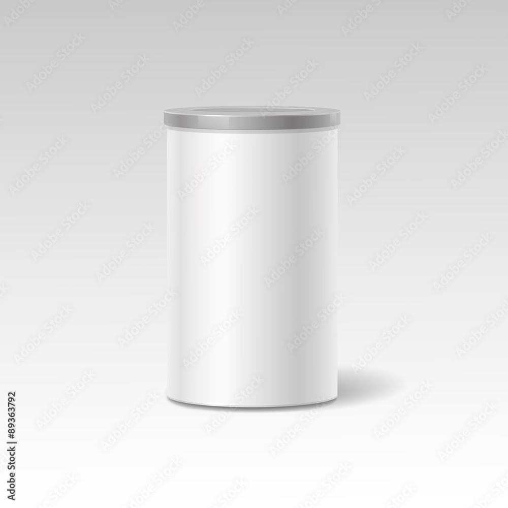 Vector object. White round tin packaging. Tea coffee, dry Vector object. White round tin packaging. Tea coffee, dry