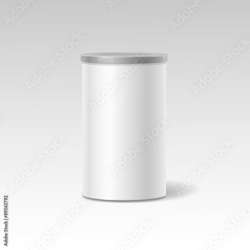 Vector object. White round tin packaging. Tea  coffee, dry