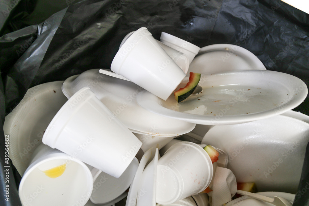 Environment Unfriendly Styrofoam Plates And Cups Disposed In Plastic  Garbage Bag Stock Photo, Picture and Royalty Free Image. Image 102158856.