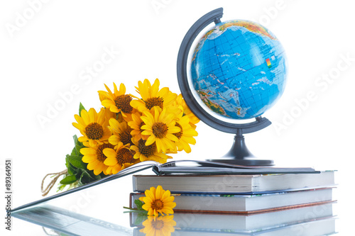 Fototapeta Naklejka Na Ścianę i Meble -  Globe with books and flowers
