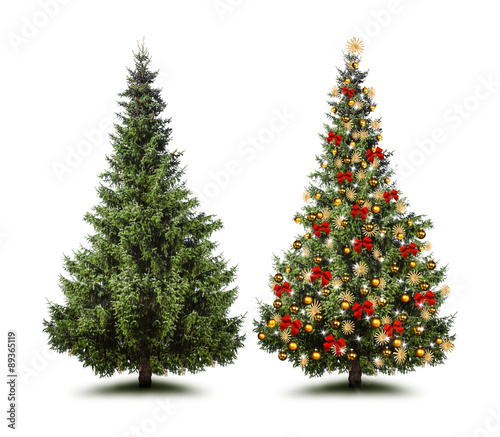 Ungeschmückter und geschmückter Weihnachtsbaum