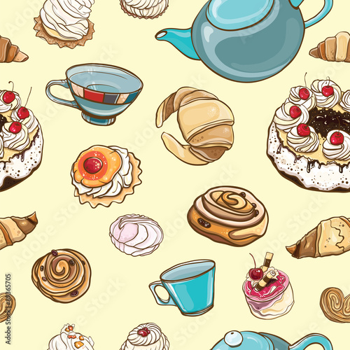 seamless pattern with pastries, cakes, tea, sweets