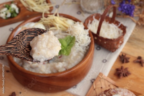 Brown rice porridge put pork and brown rice with soft-boiled egg