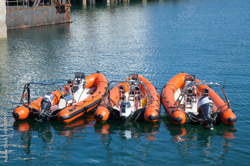 Rescue boats anchored at the marina.
