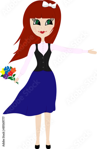 vector red-haired girl with a bouquet of bright flowers in their hands 