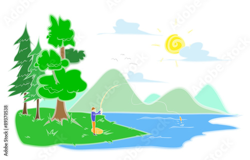 Fisherman s Horizon 2  a hand drawn vector illustration of a fisherman  fishing at the lake in beautiful landscape filled with mountains and trees  isolated on a white background  editable .