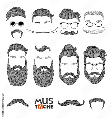Mustache Beard and Hair Style Set. Hipster