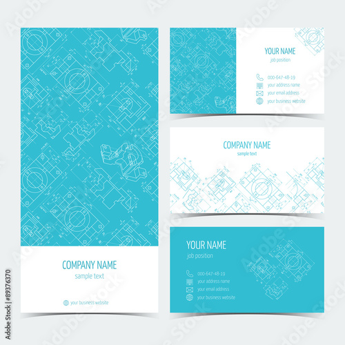 Set of engineering business cards  flyers  leaflets with the drawings. Blue color. Vector