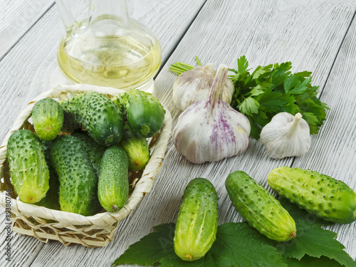 fresh cucumbers on a wooden table