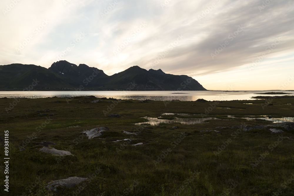 three elements in a landscape, sky, earth and water in lofoten on an evening 