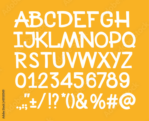 Type letters, numbers and punctuation marks Hand drawin alphabet