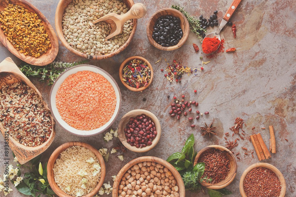 Assortment of legumes, grain and seeds, top view