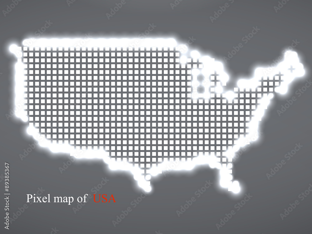 Pixel map of USA. Technology style with glow effect. Colorful