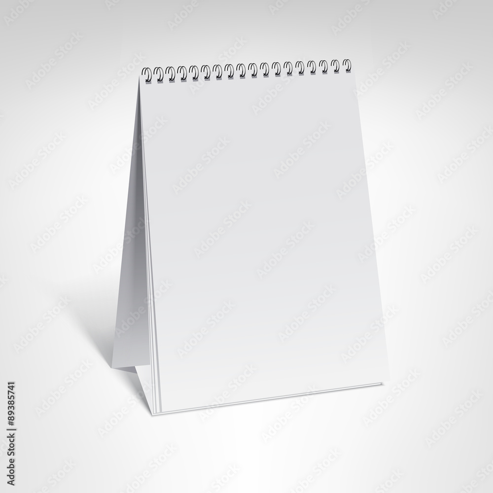 Spiral calendar vector template. Small vertical table calendar with blank pages and black spiral with soft shadows isolated on white background.