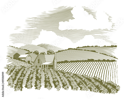 Woodcut Rural Farm House