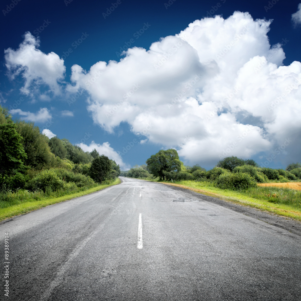 Fototapeta premium asphalt road near green fields