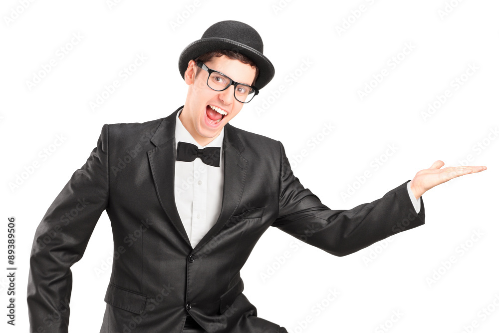 Young performer in black suit dancing Young performer in black suit dancing