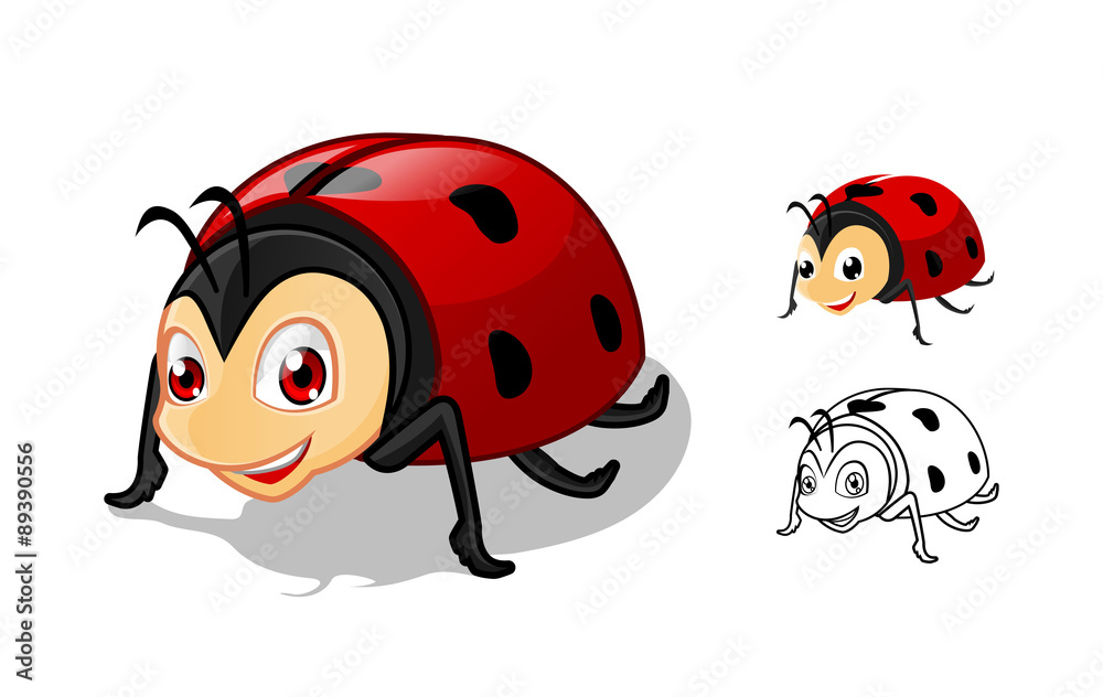 High Quality Detailed Ladybug Cartoon Character with Flat Design and Line Art Black and White Version Vector Illustration