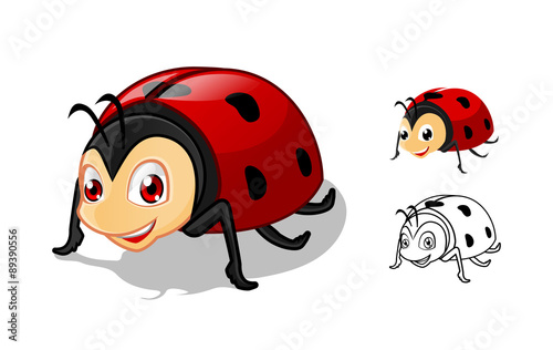 High Quality Detailed Ladybug Cartoon Character with Flat Design and Line Art Black and White Version Vector Illustration