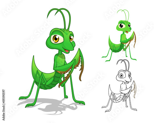 High Quality Detailed Praying Mantis Cartoon Character with Flat Design and Line Art Black and White Version Vector Illustration