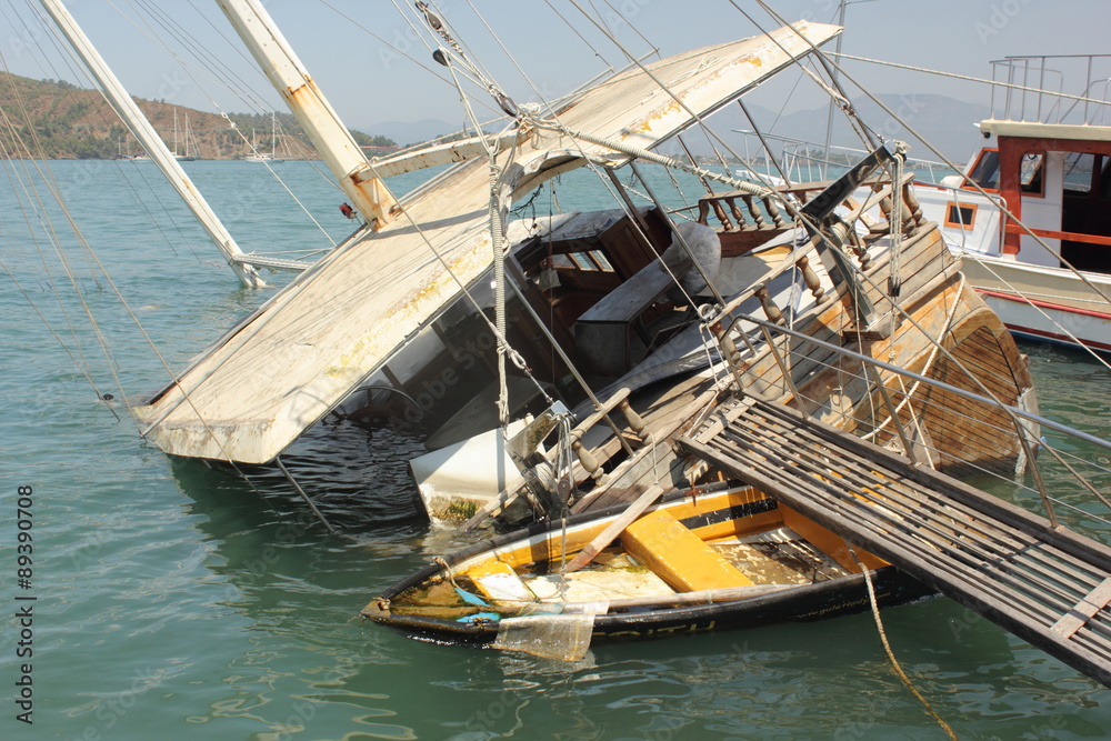 A sunken boat along the port of fethiye in turkey 2015 A sunken boat along the port of fethiye in turkey 2015