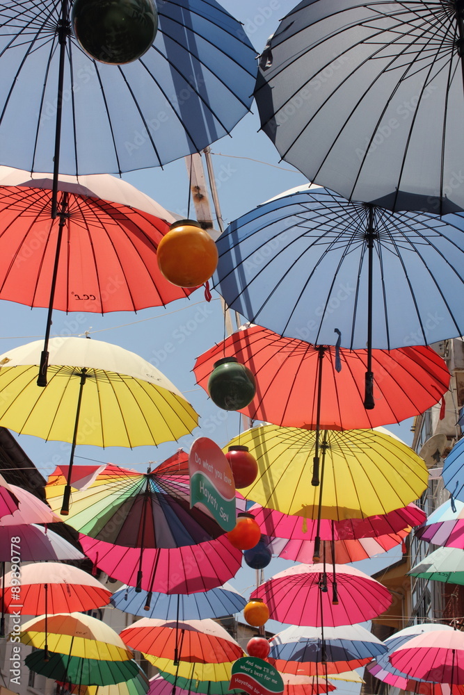 Artistic umbrellas along the streets of fethiye in turkey 
