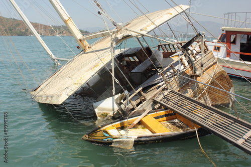 A sunken boat along the port of fethiye in turkey 2015